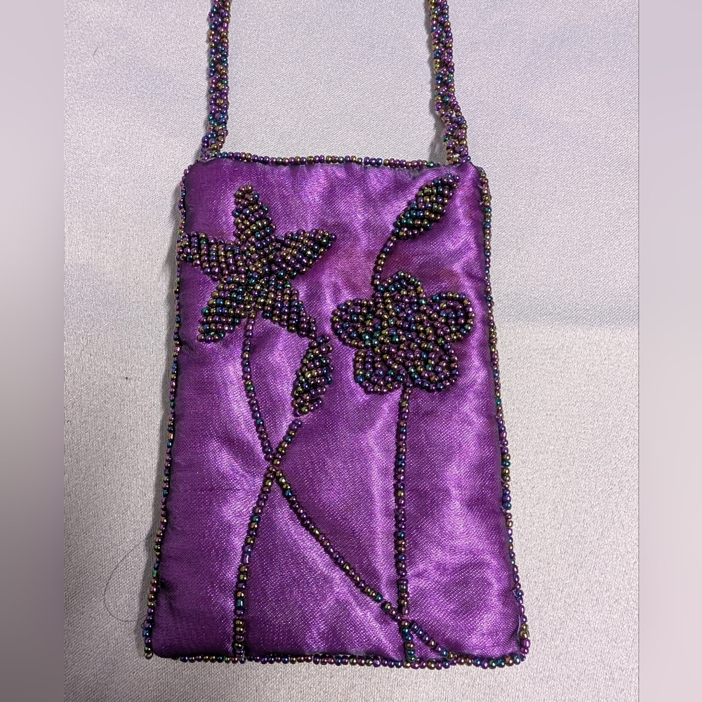 Hand-Beaded Purple Floral Evening Mini Crossbody Bag